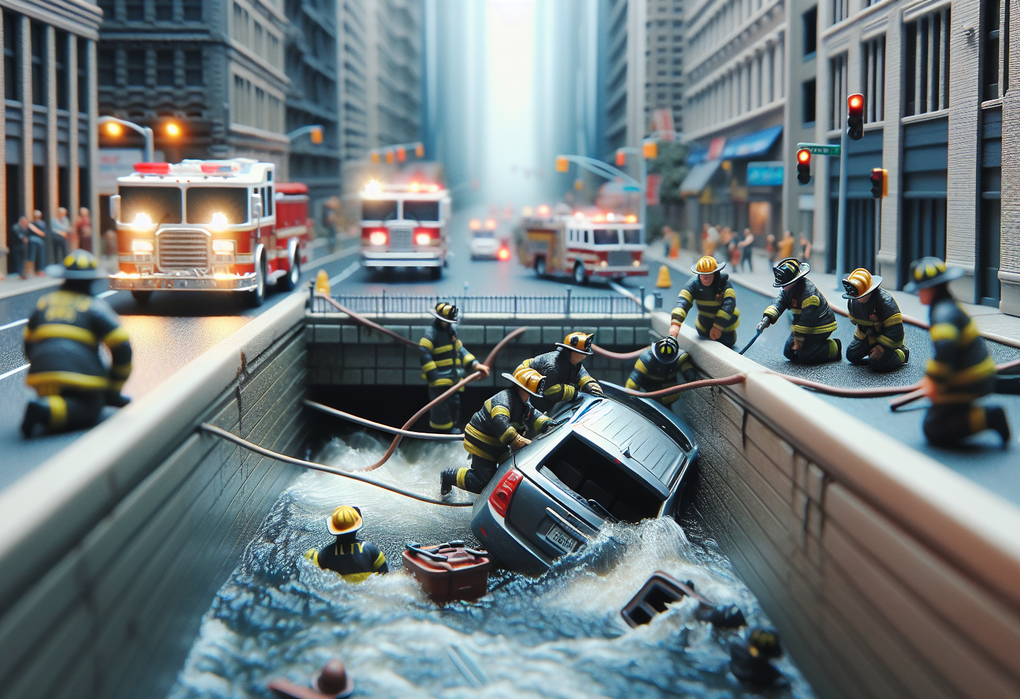 Alt_text: Petugas damkar menyelamatkan mobil yang terperosok ke dalam drainase kota.