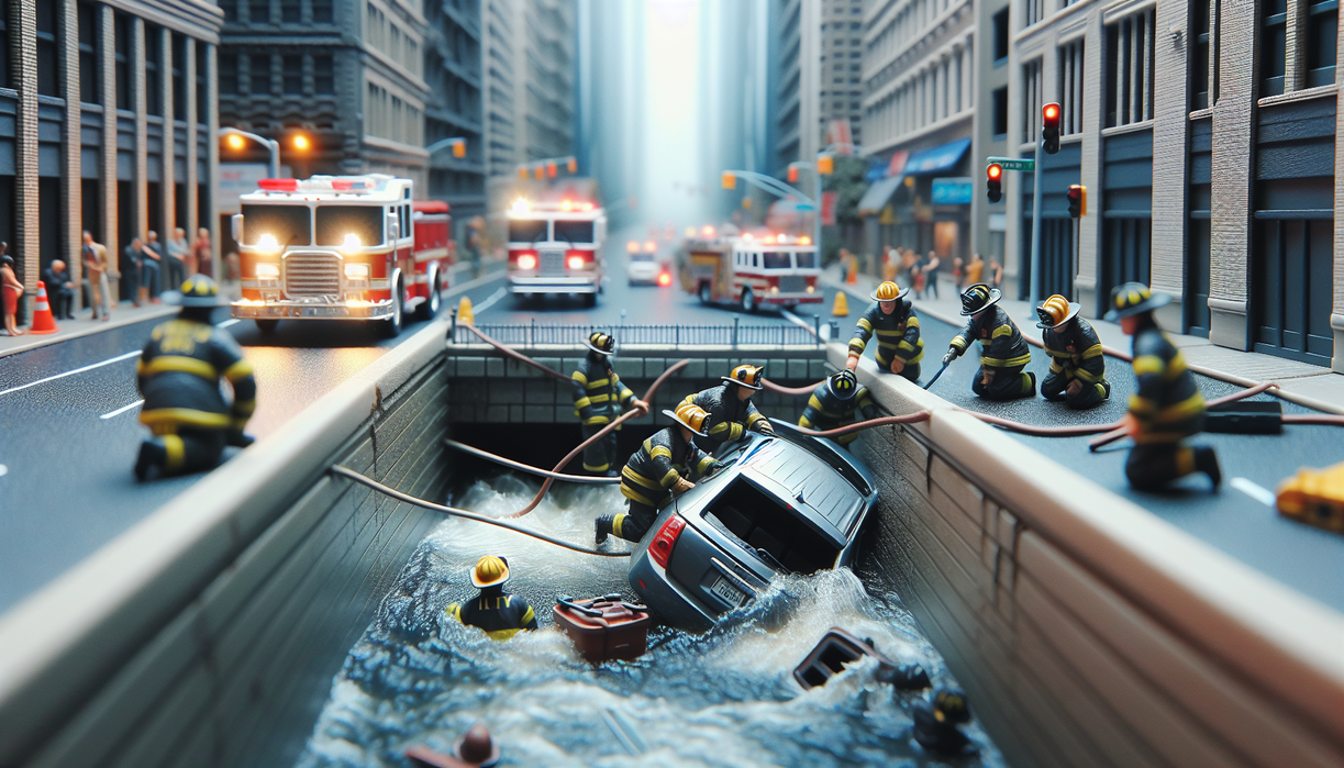 Alt_text: Petugas damkar menyelamatkan mobil yang terperosok ke dalam drainase kota.