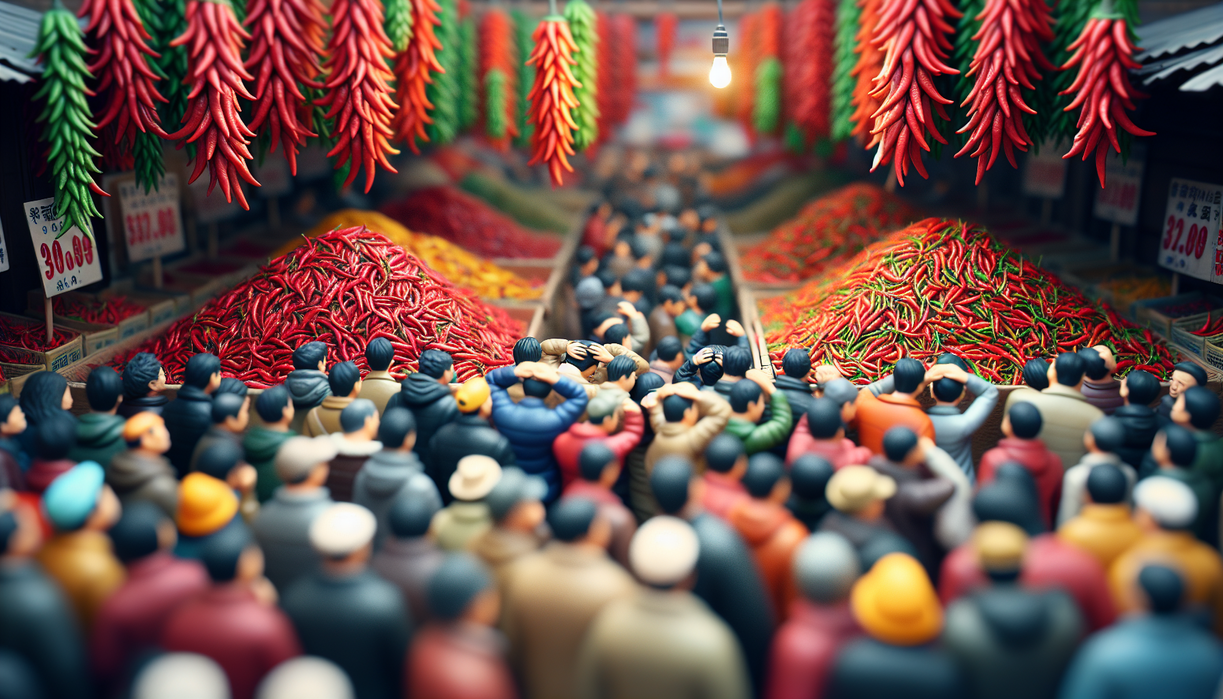 alt_text: Pasar ramai, harga cabai melonjak jelang Tahun Baru. Pembeli resah dengan kenaikan harga.