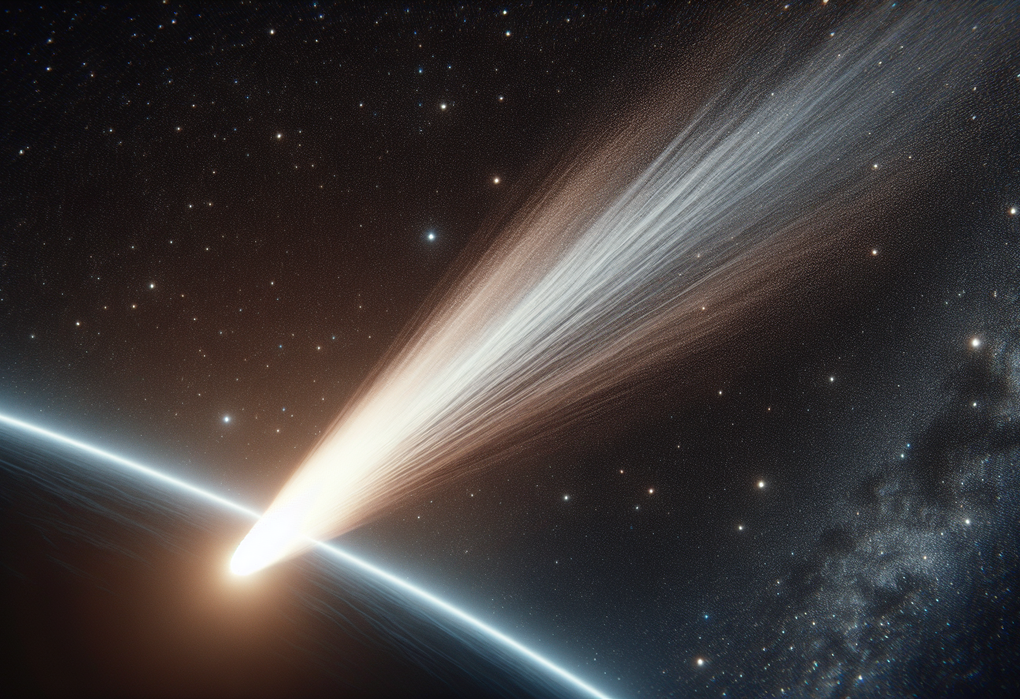 alt_text: "Komet antarbintang 3I/ATLAS melintas, menampilkan ekor bercahaya dari luar Tata Surya."