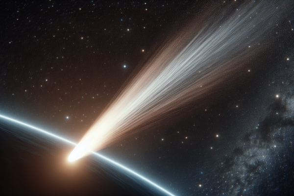 alt_text: "Komet antarbintang 3I/ATLAS melintas, menampilkan ekor bercahaya dari luar Tata Surya."