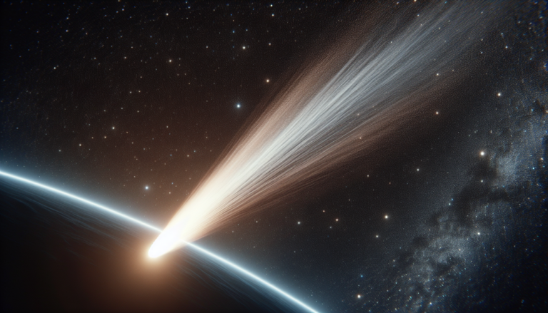 alt_text: "Komet antarbintang 3I/ATLAS melintas, menampilkan ekor bercahaya dari luar Tata Surya."