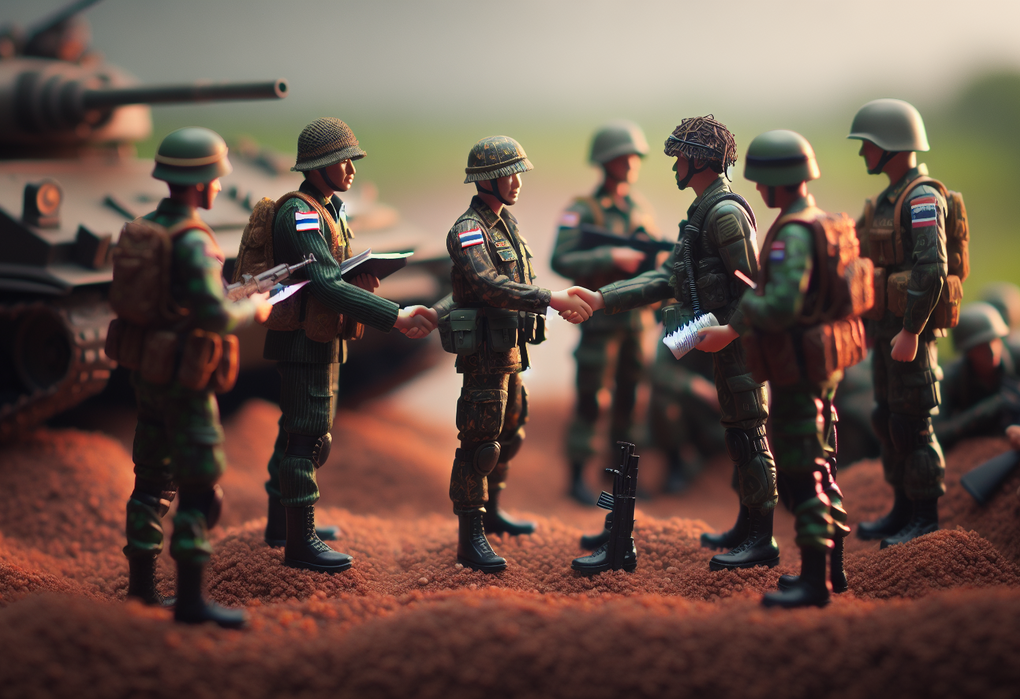 alt_text: Pasukan Thailand dan Kamboja berunding di perbatasan terkait gencatan senjata bersyarat.