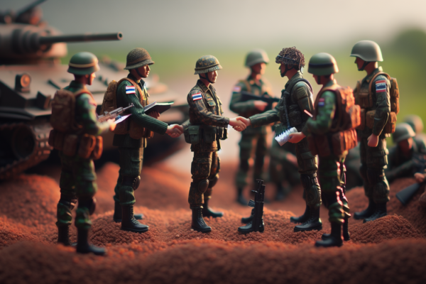 alt_text: Pasukan Thailand dan Kamboja berunding di perbatasan terkait gencatan senjata bersyarat.