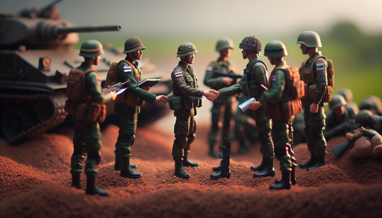 alt_text: Pasukan Thailand dan Kamboja berunding di perbatasan terkait gencatan senjata bersyarat.