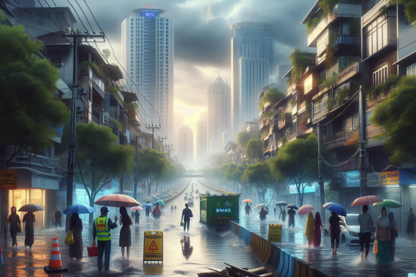 alt_text: Banjir menggenangi jalan di Semarang saat hujan deras, masyarakat berupaya tetap beraktivitas.