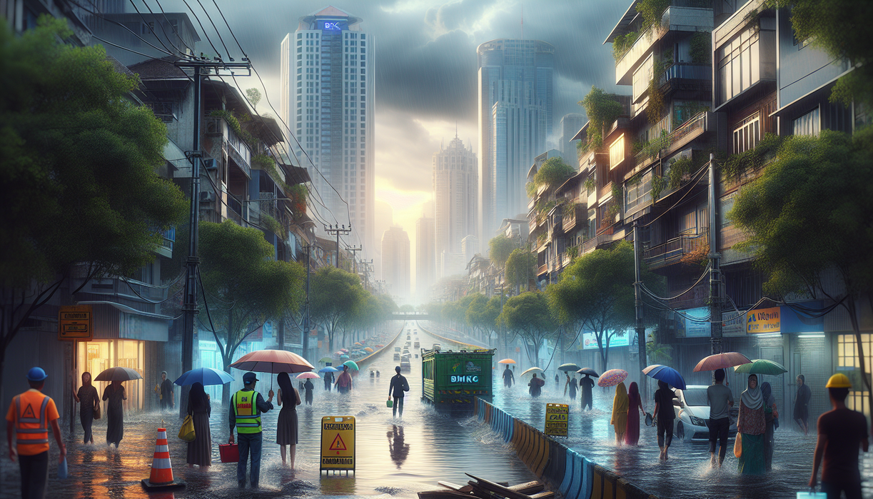 alt_text: Banjir menggenangi jalan di Semarang saat hujan deras, masyarakat berupaya tetap beraktivitas.