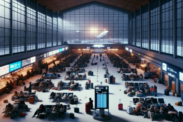 alt_text: Bandara di Hokkaido tertutup salju tebal, mengganggu aktivitas penerbangan.