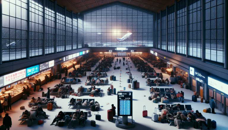 alt_text: Bandara di Hokkaido tertutup salju tebal, mengganggu aktivitas penerbangan.