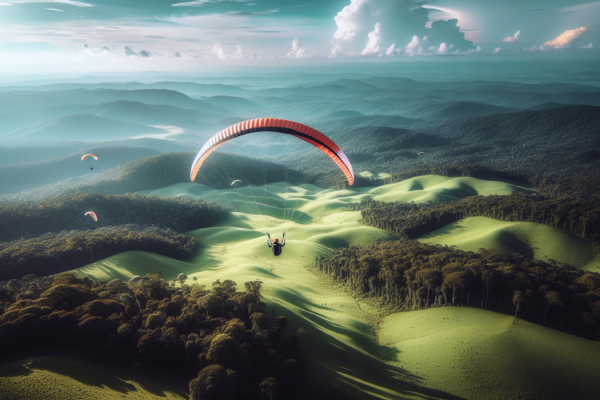 alt_text: Paralayang melintas di atas hijau Taman Hutan Raya Sultan Adam saat langit cerah.