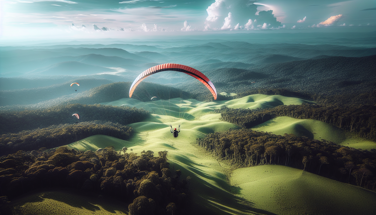 alt_text: Paralayang melintas di atas hijau Taman Hutan Raya Sultan Adam saat langit cerah.