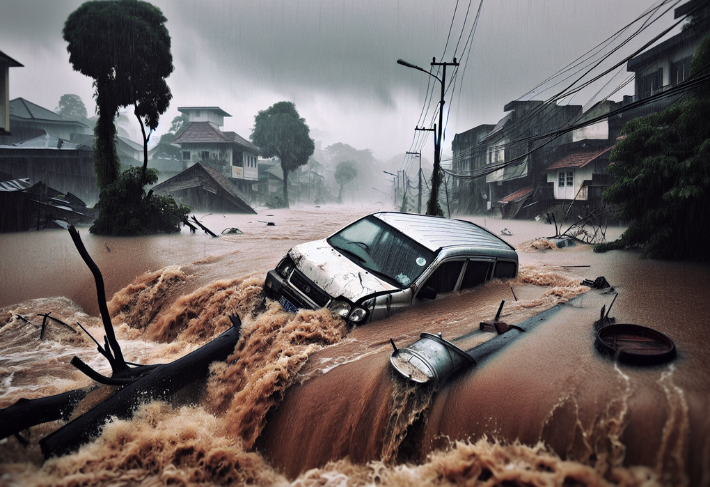 alt_text: Mobil rusak parah akibat banjir di Bogor, terjebak di genangan air dan sampah.