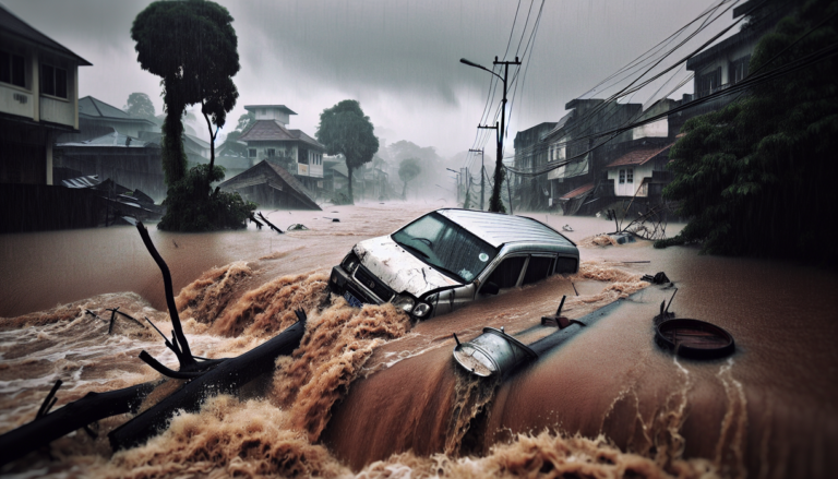 alt_text: Mobil rusak parah akibat banjir di Bogor, terjebak di genangan air dan sampah.
