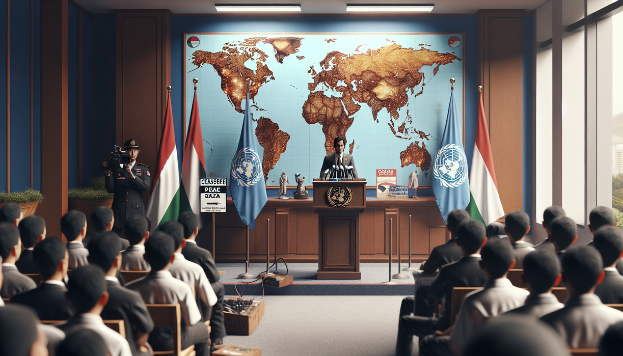 alt_text: "Judul berita: Desakan Indonesia untuk perdamaian konkret di Gaza."