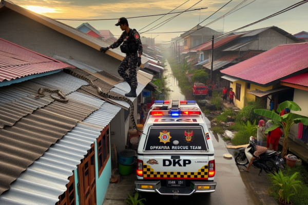 alt_text: Evakuasi ular di atap rumah Palangka Raya, petugas berusaha menangkap ular besar.