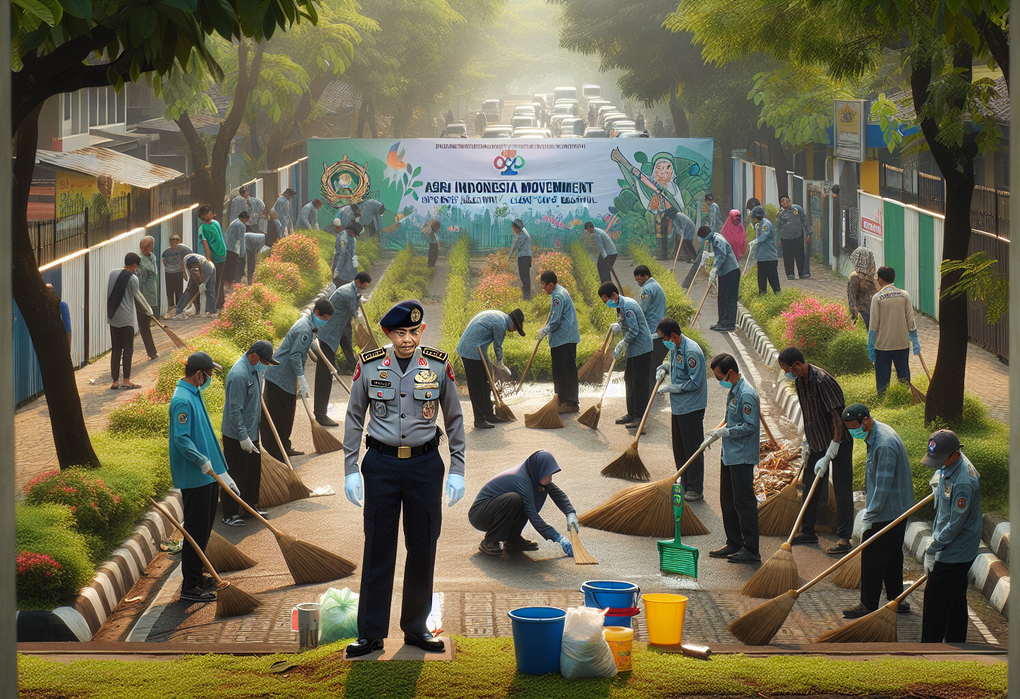 alt_text: Petugas dan warga gotong royong bersihkan lingkungan dalam acara Kebersihan Sat Binmas Tolikara.