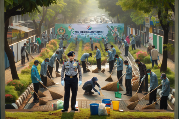 alt_text: Petugas dan warga gotong royong bersihkan lingkungan dalam acara Kebersihan Sat Binmas Tolikara.