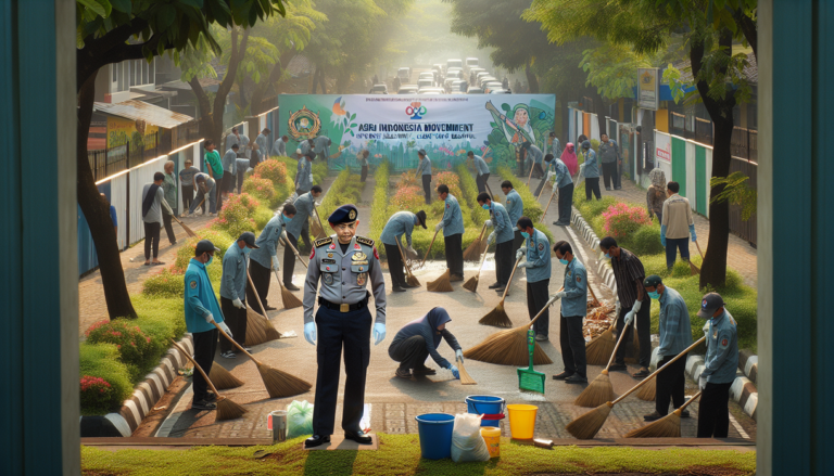 alt_text: Petugas dan warga gotong royong bersihkan lingkungan dalam acara Kebersihan Sat Binmas Tolikara.