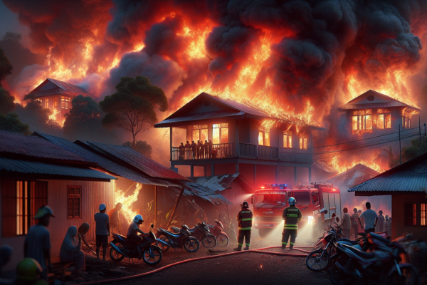 alt_text: Kebakaran besar di Barito Utara menerangi malam, warga panik di tepi sungai.