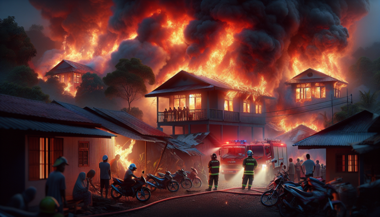 alt_text: Kebakaran besar di Barito Utara menerangi malam, warga panik di tepi sungai.