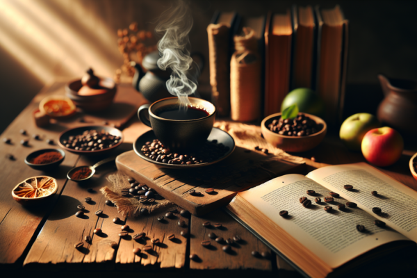 alt_text: Cangkir kopi hitam dan pita pengukur, simbol penurunan berat badan dengan kopi.