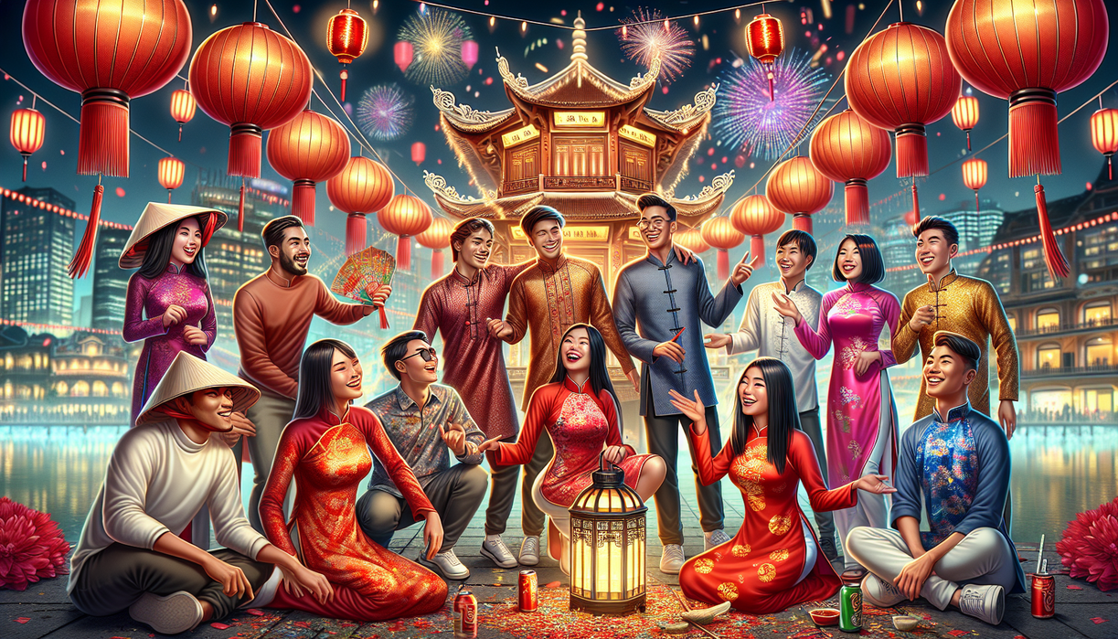 alt_text: Pesta Imlek 2026: Pemuda dari berbagai negara tampil di Vietnam merayakan budaya global.