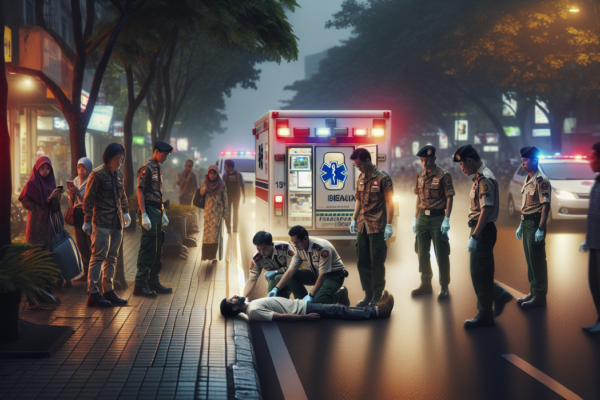 alt_text: Sebuah botol alkohol oplosan tergeletak di pinggir jalan dengan latar belakang kota yang suram.