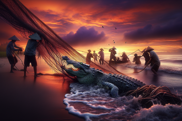 alt_text: Buaya raksasa di Ujung Pandaran diliputi ombak besar dan laut bergejolak.