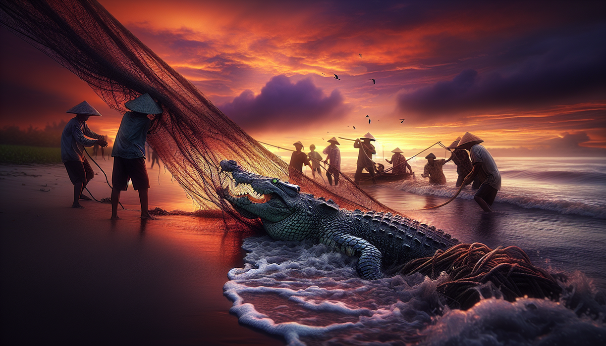 alt_text: Buaya raksasa di Ujung Pandaran diliputi ombak besar dan laut bergejolak.