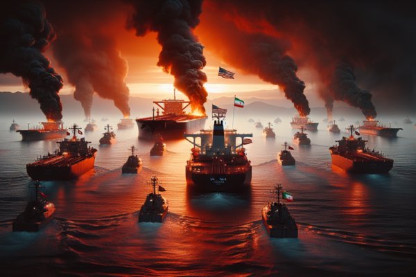 alt_text: Kapal di laut terbakar akibat ledakan, menandai ketegangan baru antara AS dan Iran.