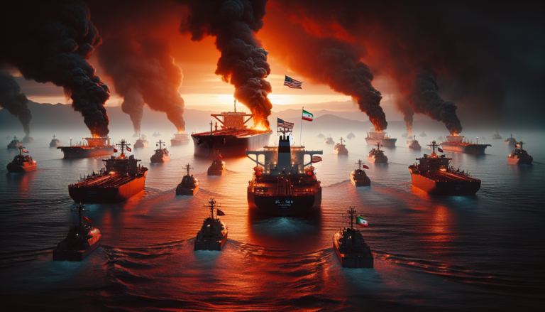 alt_text: Kapal di laut terbakar akibat ledakan, menandai ketegangan baru antara AS dan Iran.
