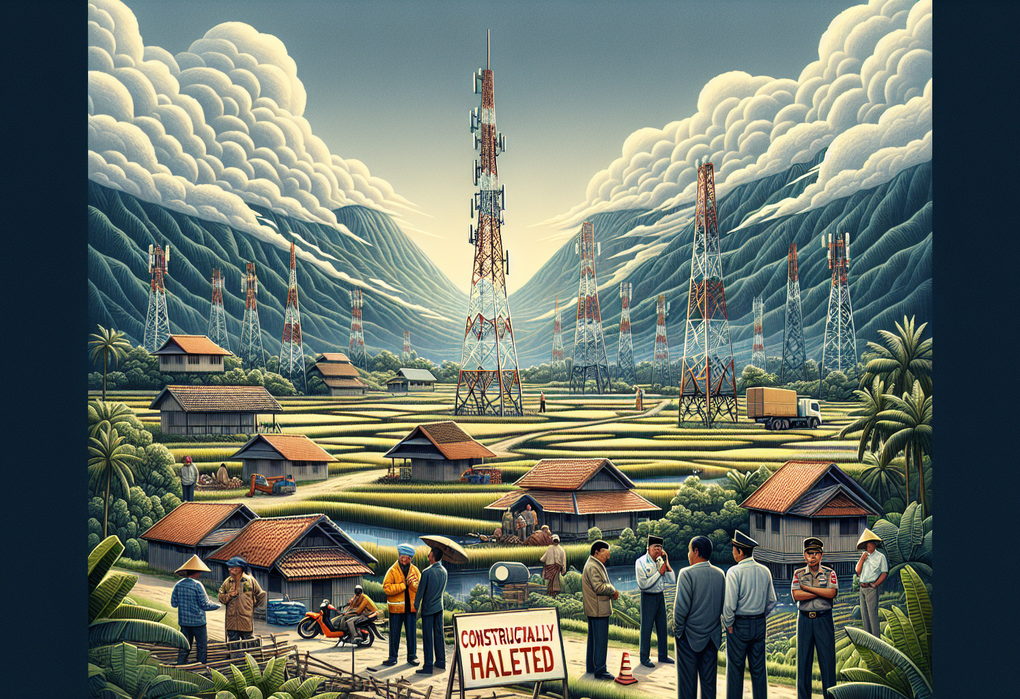 alt_text: Penghentian sementara proyek tower di Bogor; alat berat dan pekerja berhenti bekerja.