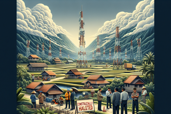 alt_text: Penghentian sementara proyek tower di Bogor; alat berat dan pekerja berhenti bekerja.