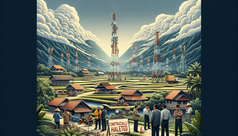 alt_text: Penghentian sementara proyek tower di Bogor; alat berat dan pekerja berhenti bekerja.