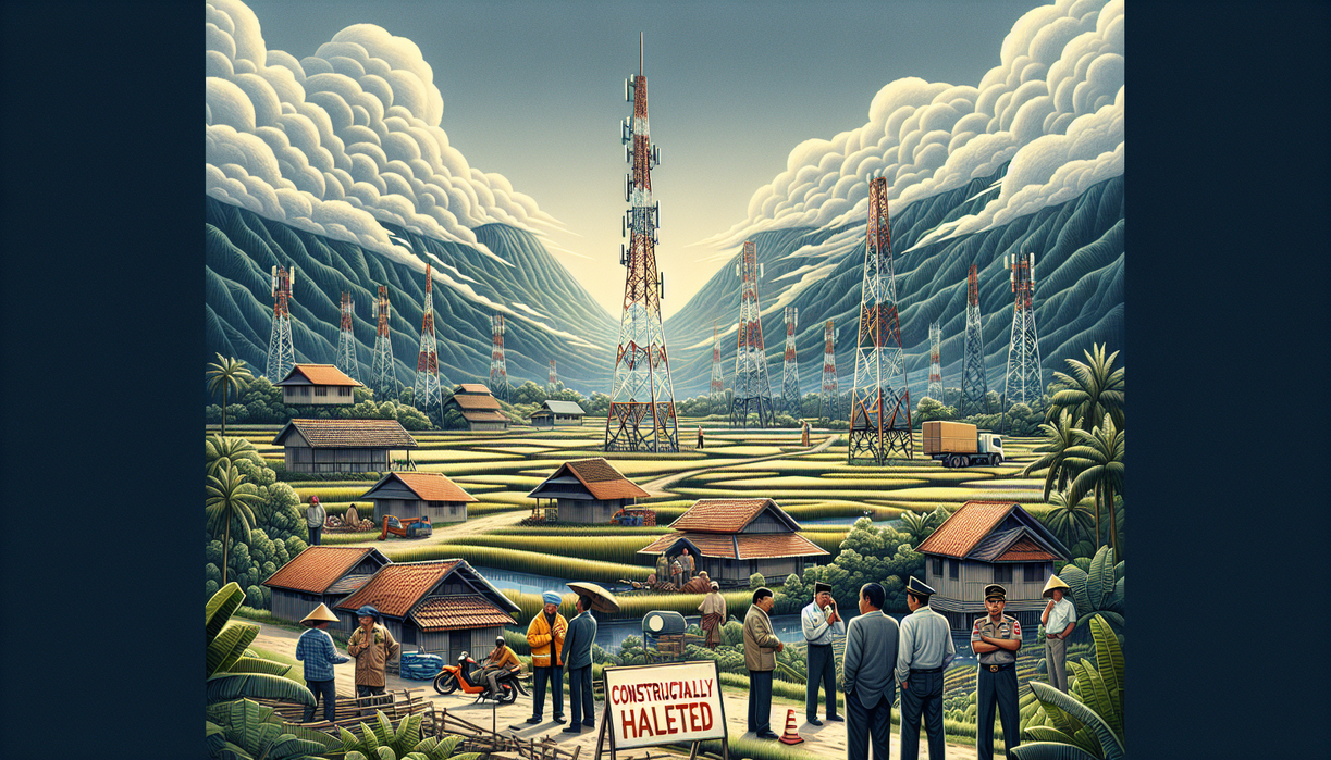 alt_text: Penghentian sementara proyek tower di Bogor; alat berat dan pekerja berhenti bekerja.