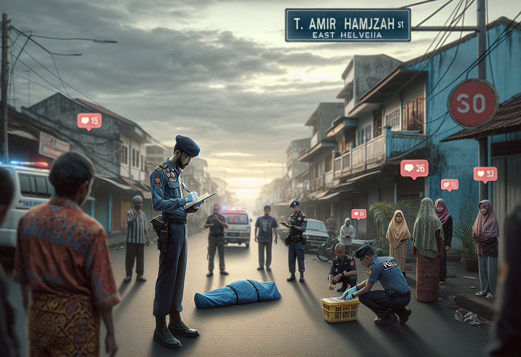 #alt_text Jalan Amir Hamzah sepi malam hari, dengan kabut tipis dan angin kencang, menciptakan suasana misterius.