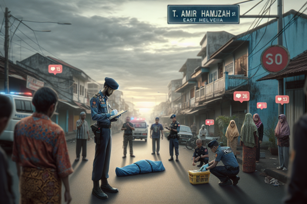 #alt_text Jalan Amir Hamzah sepi malam hari, dengan kabut tipis dan angin kencang, menciptakan suasana misterius.