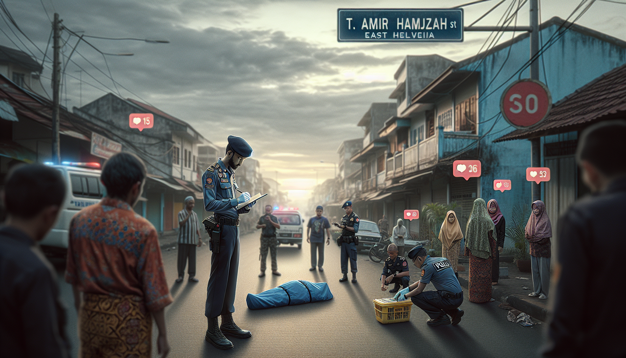 #alt_text Jalan Amir Hamzah sepi malam hari, dengan kabut tipis dan angin kencang, menciptakan suasana misterius.