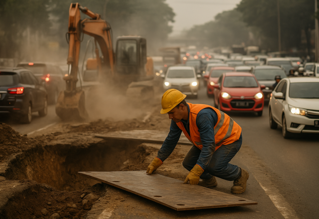alt_text: Jalan Lenteng Agung amblas, membuat kemacetan dan menjadi peringatan bagi infrastruktur kota.