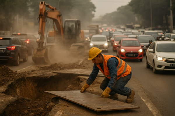 alt_text: Jalan Lenteng Agung amblas, membuat kemacetan dan menjadi peringatan bagi infrastruktur kota.