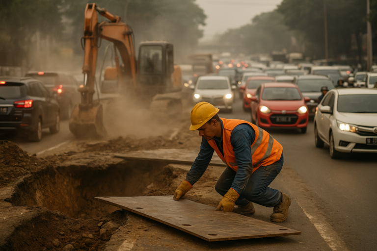 alt_text: Jalan Lenteng Agung amblas, membuat kemacetan dan menjadi peringatan bagi infrastruktur kota.