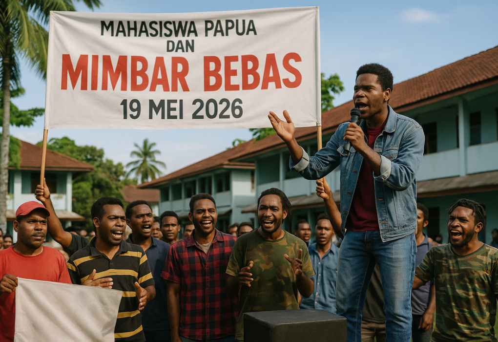 alt_text: Mahasiswa Papua mengadakan mimbar bebas di Tembagapura untuk menyuarakan aspirasi.