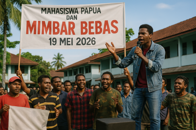 alt_text: Mahasiswa Papua mengadakan mimbar bebas di Tembagapura untuk menyuarakan aspirasi.