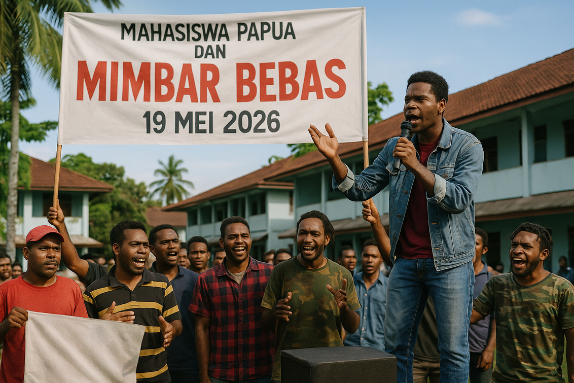 alt_text: Mahasiswa Papua mengadakan mimbar bebas di Tembagapura untuk menyuarakan aspirasi.