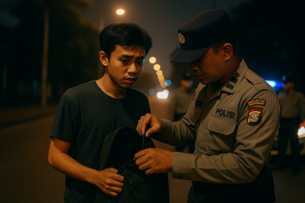 alt_text: Pemuda duduk dalam gelap, dikelilingi asap, membaca konten ganja murah di layar laptop.