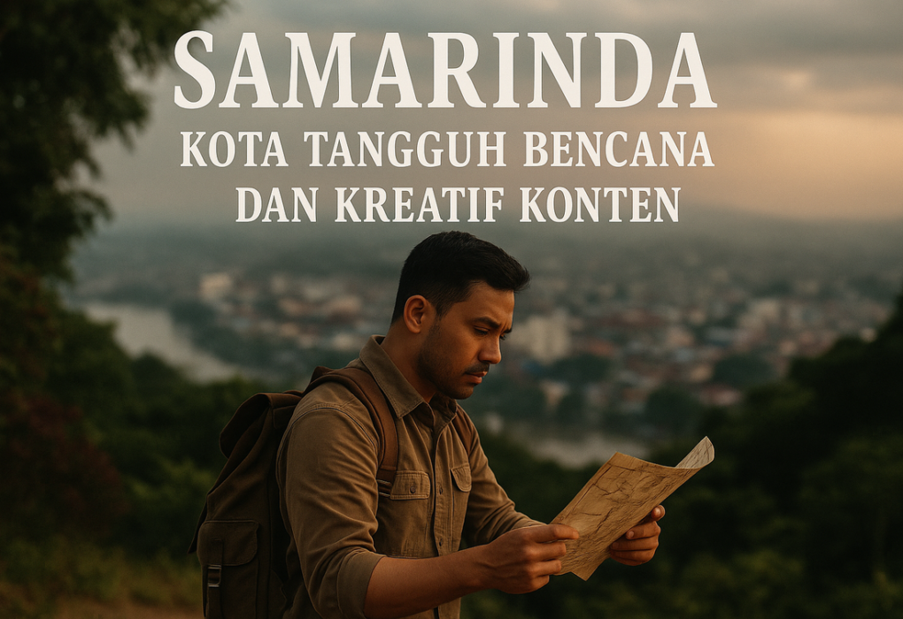"alt_text": "Banner bertuliskan 'Samarinda, Kota Tangguh Bencana dan Kreatif Konten' dengan latar kota."