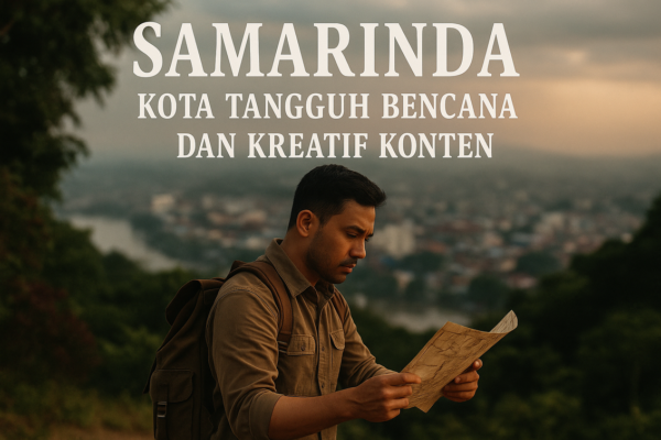 "alt_text": "Banner bertuliskan 'Samarinda, Kota Tangguh Bencana dan Kreatif Konten' dengan latar kota."