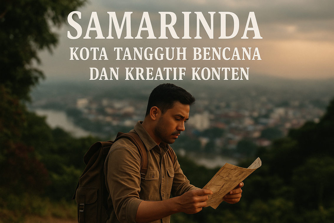 "alt_text": "Banner bertuliskan 'Samarinda, Kota Tangguh Bencana dan Kreatif Konten' dengan latar kota."