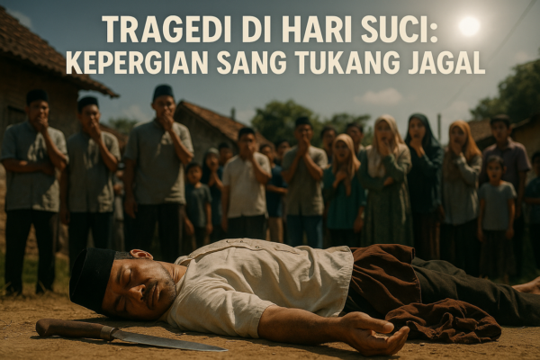 alt_text: Pisau berlumur darah tergeletak di tanah, simbol tragedi dalam ritual kurban.