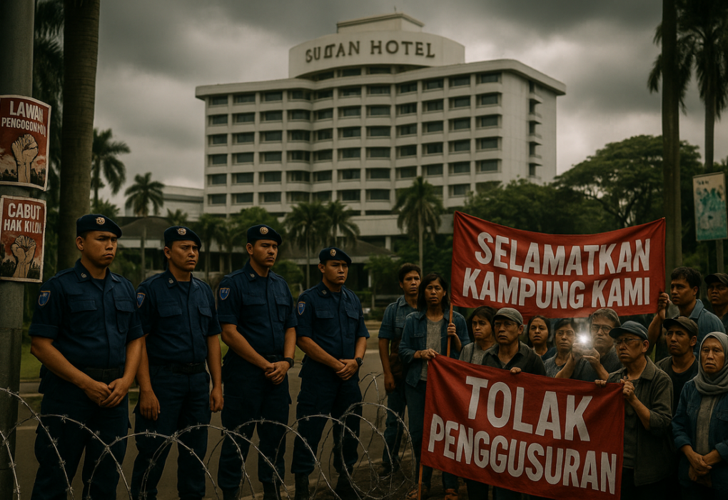 alt_text: Demonstran menolak eksekusi lahan di Hotel Sultan dengan spanduk protes di kerumunan besar.